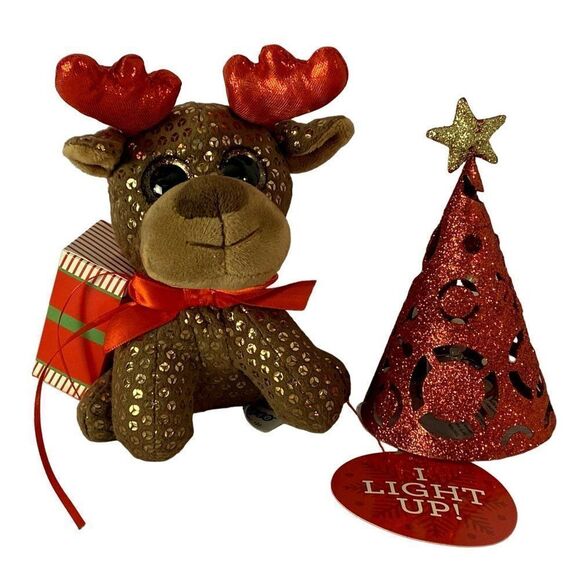 Christmas Decorations Tabletop Glitter Tree Lights Up Large Plush Reindeer NEW - Picture 1 of 4